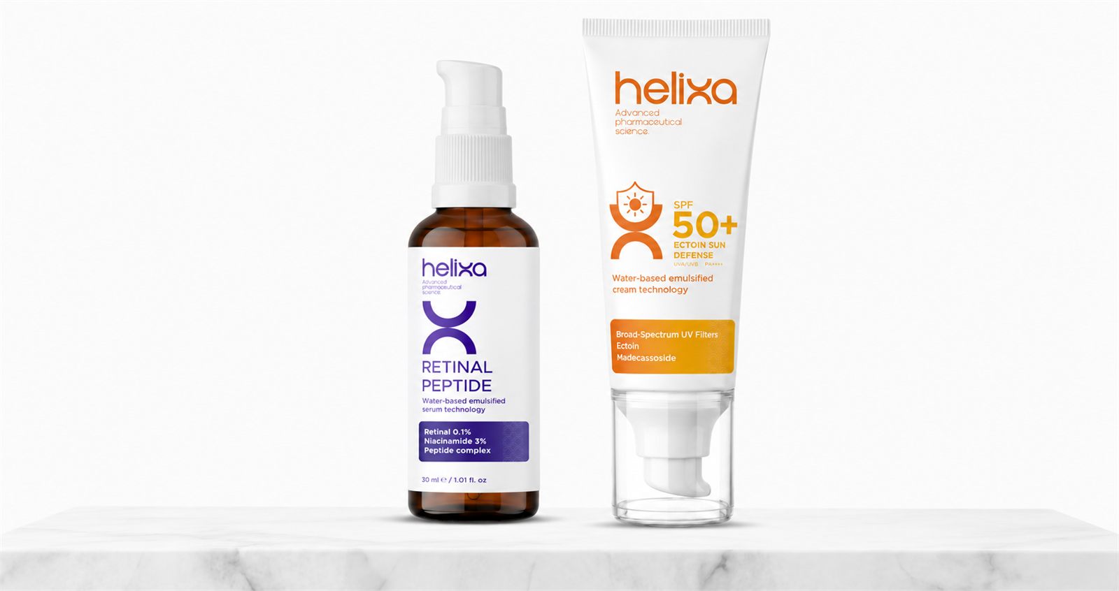 Helixa Retinal Peptide serum and SPF 50+ sunscreen